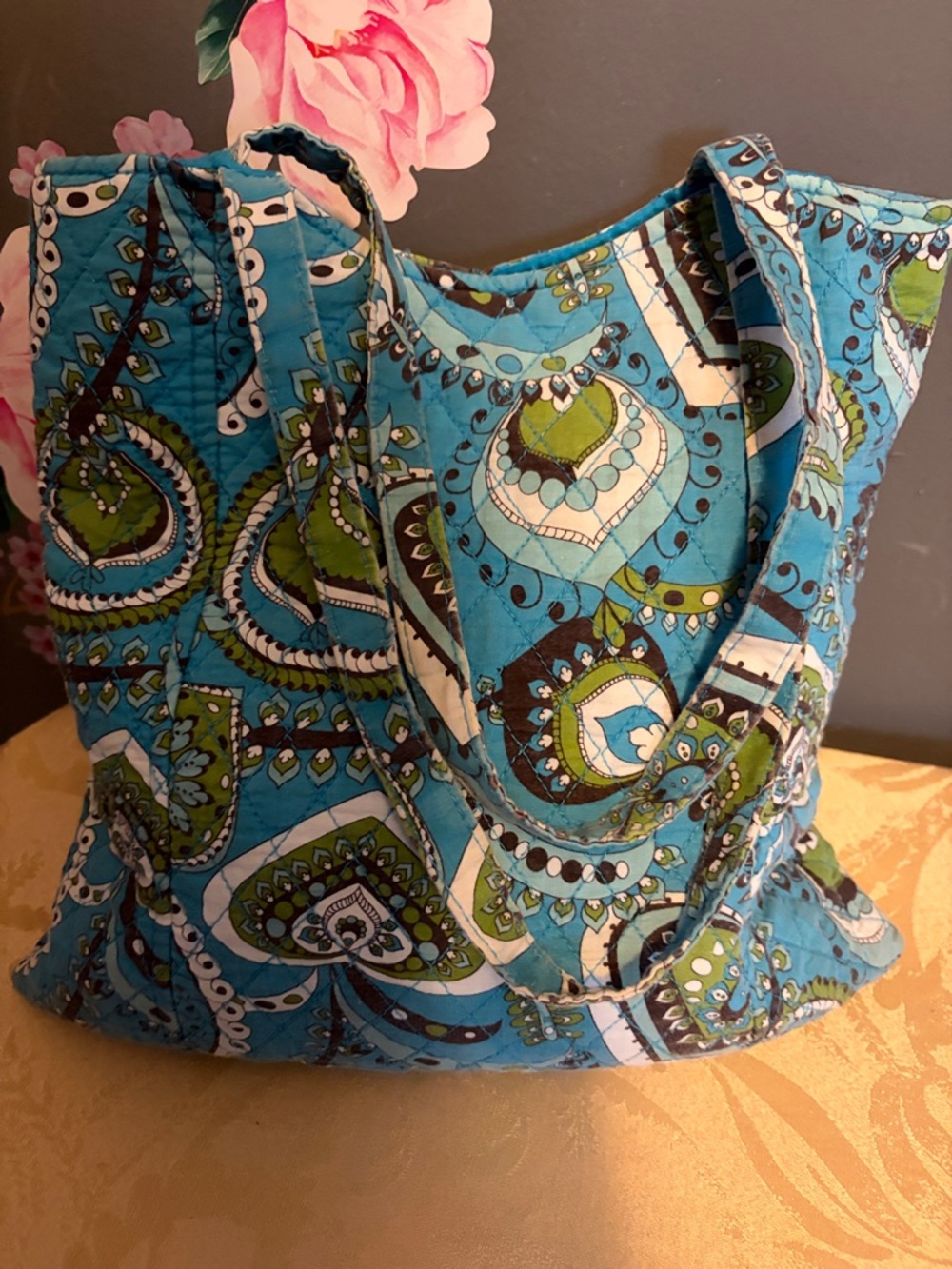 Quilted Paisley Tote Bag - Blue Green Pattern - Picture 3 of 5